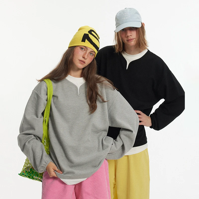 美式复古350克假两件打底衫秋冬男女情侣宽松休闲长袖T恤JN43JM65