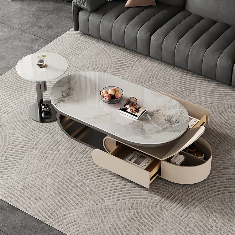 意式轻奢现代简约岩板茶几椭圆形大小组合茶几电视柜客厅家用