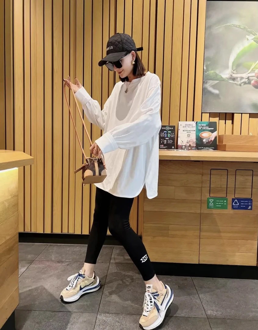 衬衣袖口新款大白T女开叉中长款长袖T恤大白衫盖屁股纯白色上衣潮