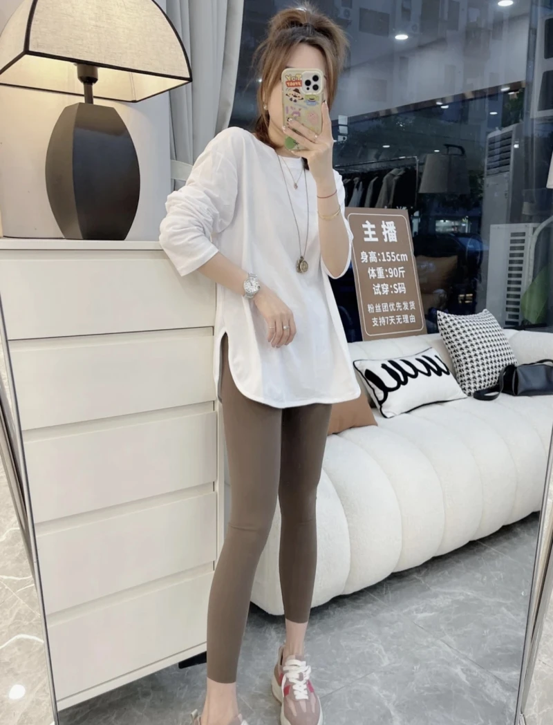 白色打底衫女内搭秋冬2024新款开叉宽松中长款纯 棉小个子长袖t恤