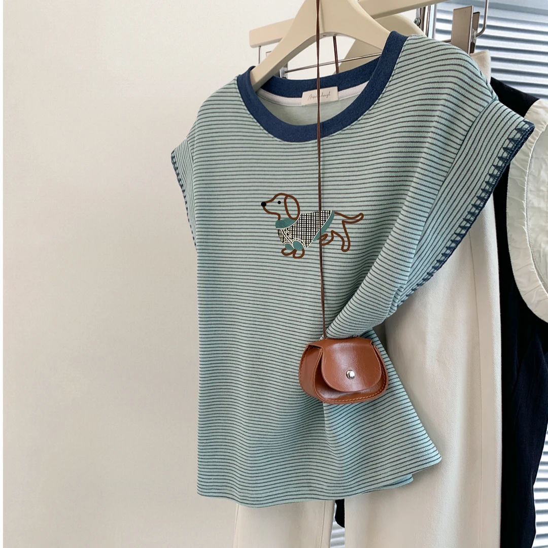 复古条纹撞色小狗正肩短袖t恤女夏季2024新款宽松无袖小飞袖上衣