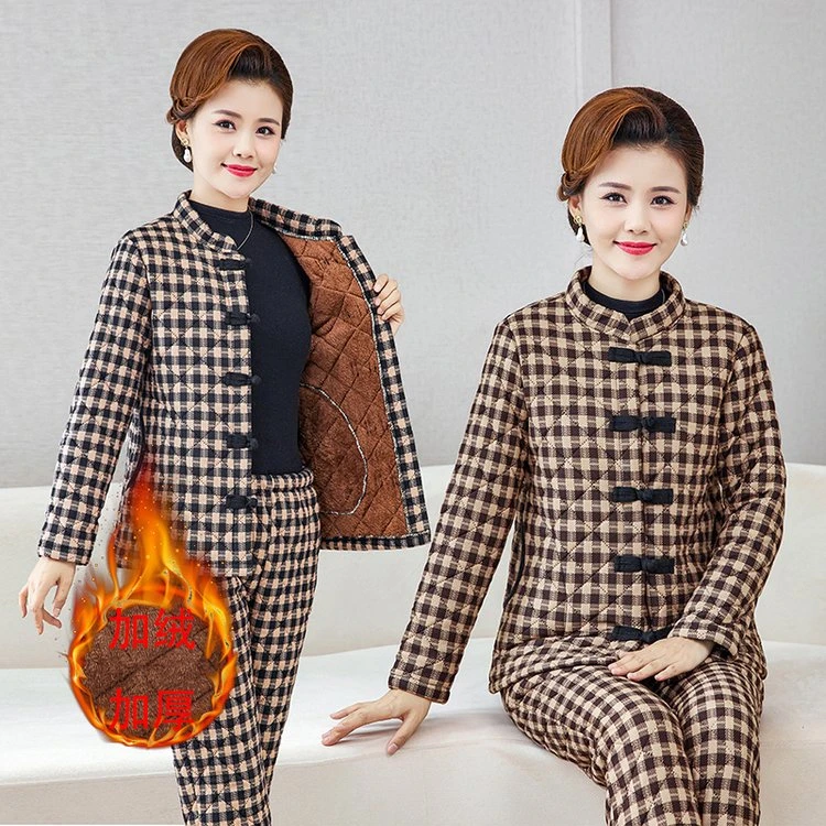 乐家冬季新款中老年妈妈装复古时尚洋气加绒加厚保暖格子棉衣套装