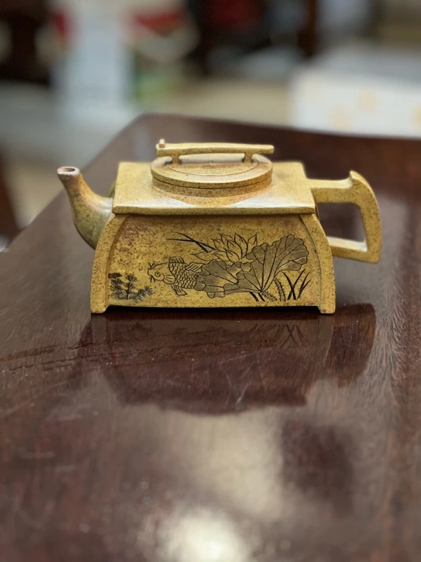 宜兴紫砂壶段泥四方柴烧夏日荷趣