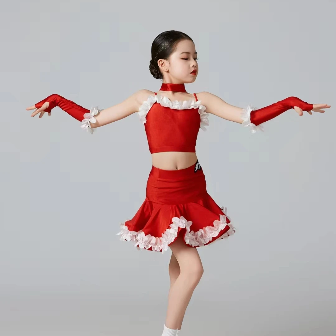 尚裁艺少儿拉丁舞服女童2024新款性感夏季红色训练功服2426