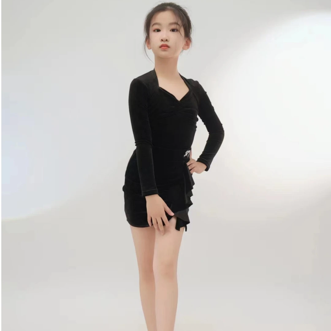 尚裁艺拉丁舞服女童2023新款雾霾蓝长袖丝绒专业训练服练功服3953