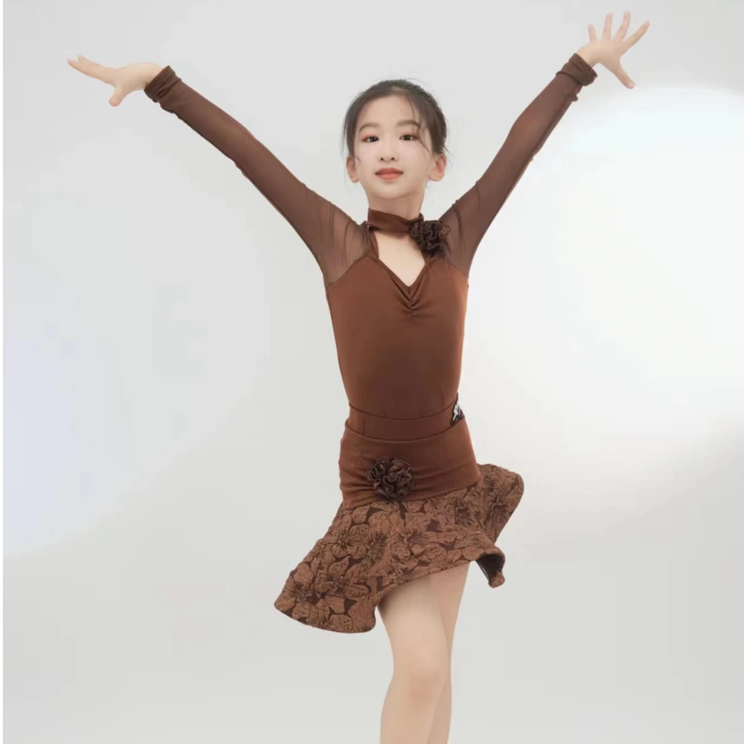 尚裁艺拉丁舞服女童新款秋冬款带花专业长袖网纱练功服套装31009