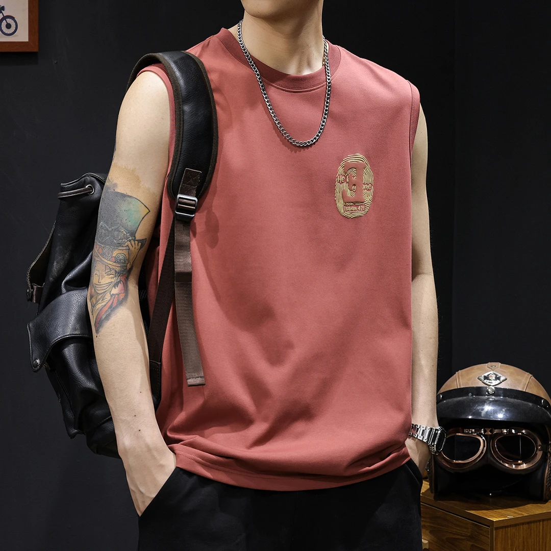 夏季冰感汗背心男士宽松坎肩无袖潮牌印花休闲大码刺绣上衣体恤男