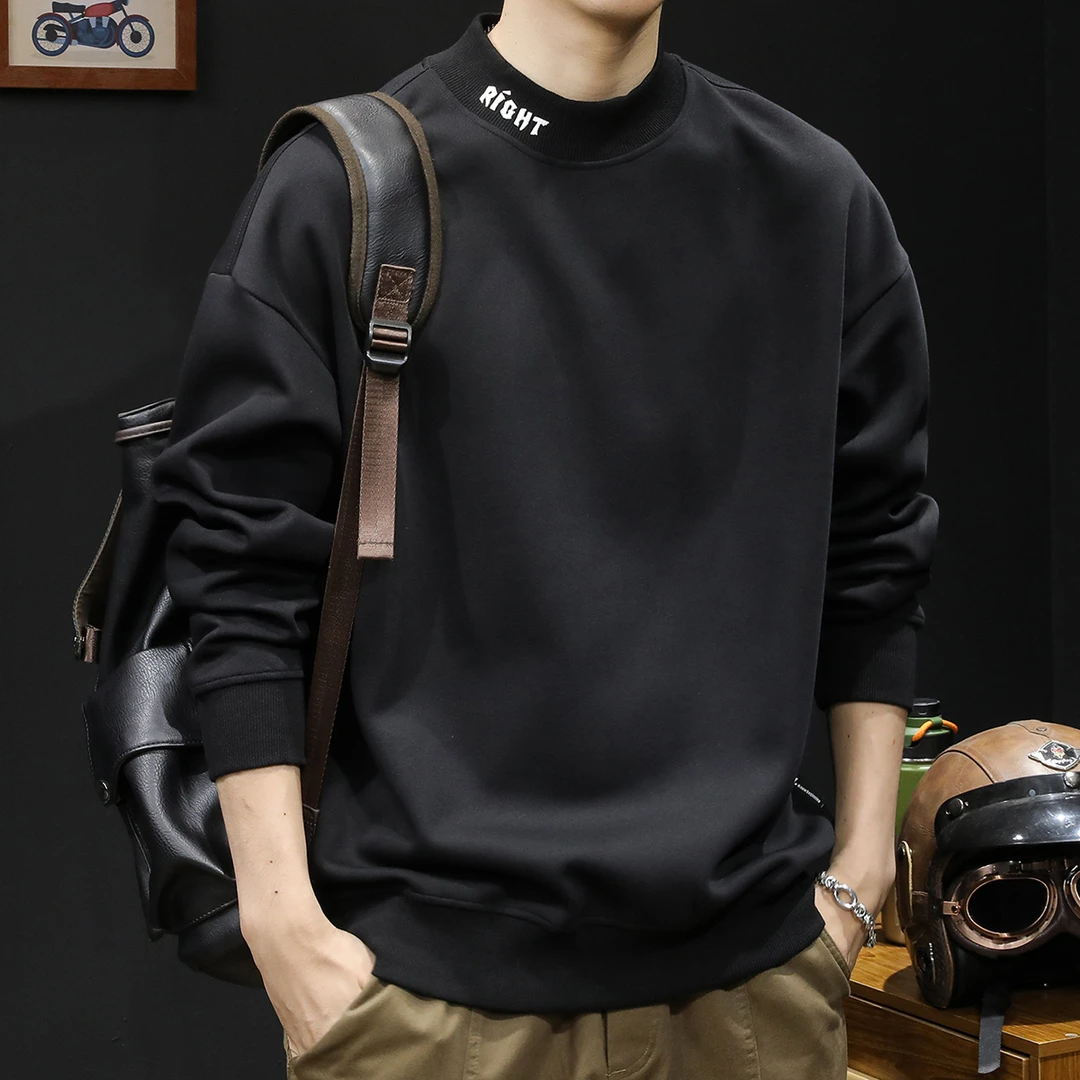 美式半高领休闲长袖T恤男士卫衣宽松大码2023秋季重磅圆领打底衫