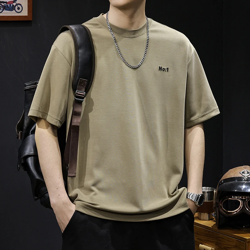 2024爆款美式高端重磅潮雅赛尔冰丝宽松大码休闲圆领纯色短袖t恤T