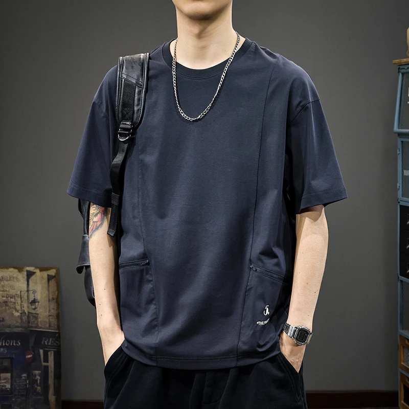 短袖t恤男士夏季薄款2024新款宽松大码男款潮牌男装体T恤拉链口袋