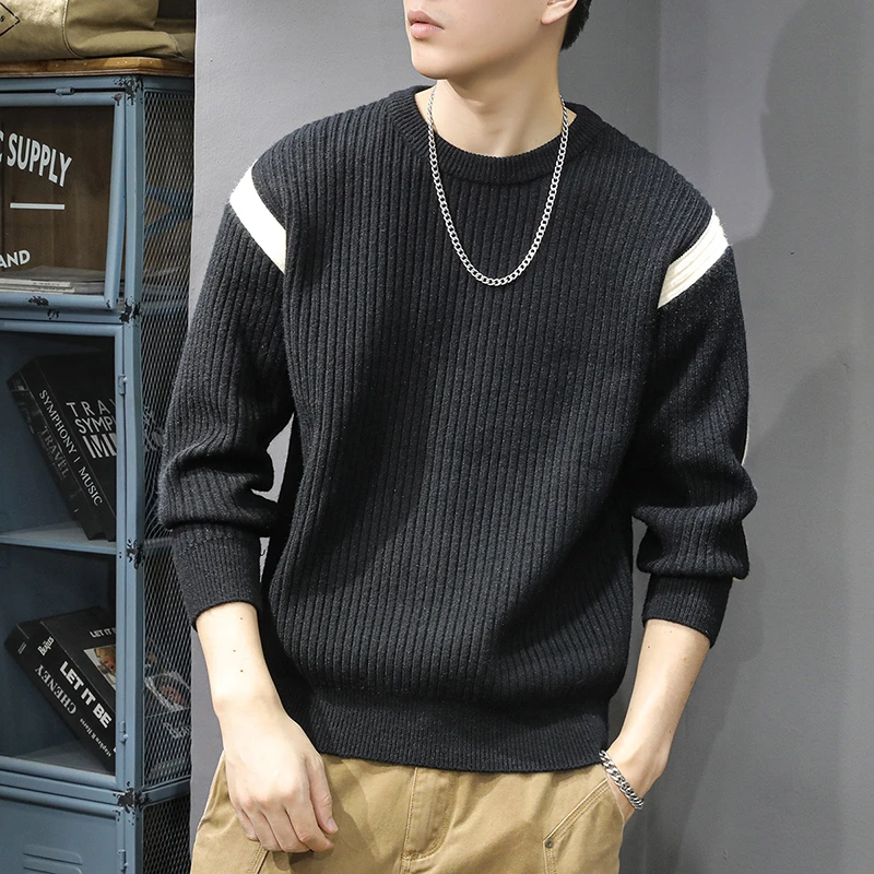 冬季潮牌撞色拼接圆领毛衣男宽松休闲慵懒复古圆领针织长袖毛线衣