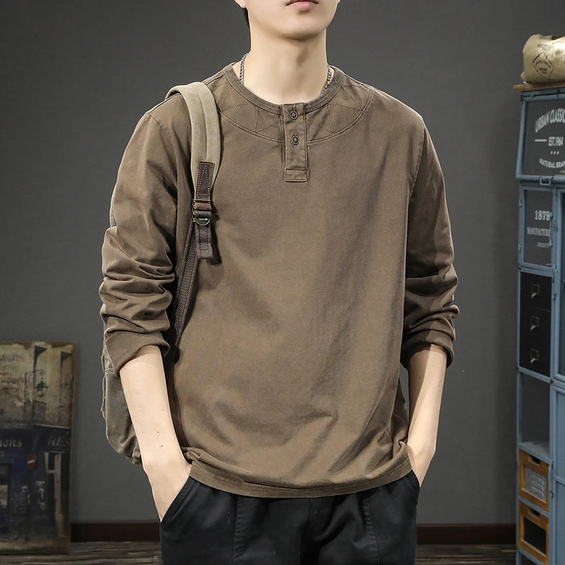 2024秋季新款高级感长袖t恤男重磅纯棉打底衫春秋美式亨利领卫衣