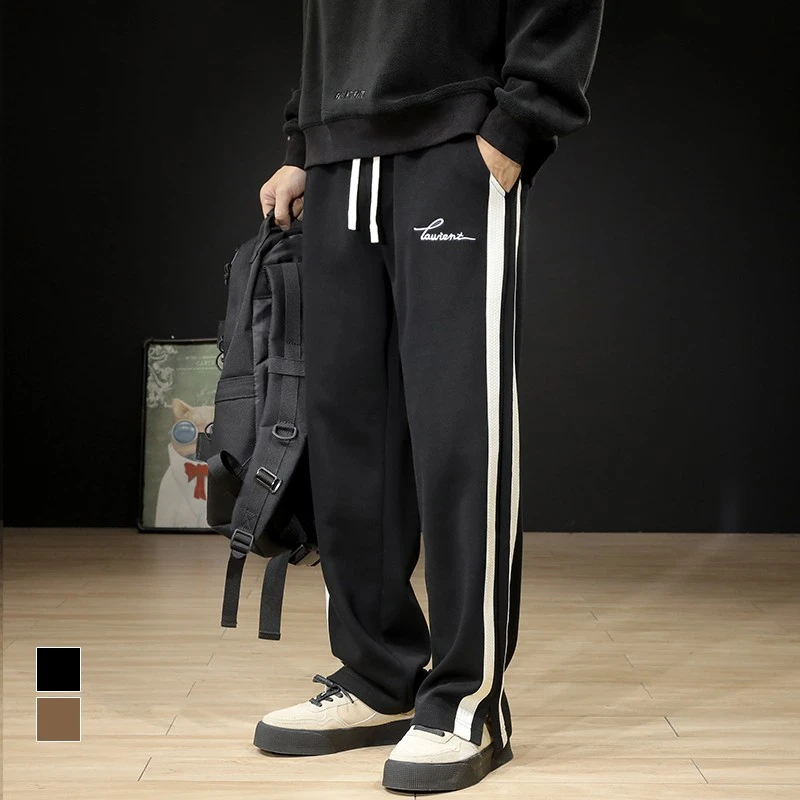 秋季条纹直筒运动裤男宽松潮牌ins垂感大码卫裤男士休闲阔腿裤潮