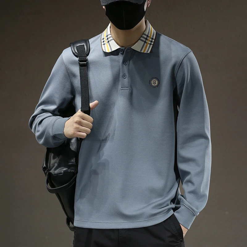 秋冬新款男士翻领撞色Polo衫高端字母刺绣长袖休闲百搭简约卫衣男