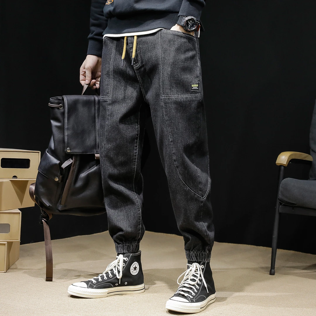 潮牌牛仔裤男2024春夏新款黑色裤子宽松大码束脚哈伦胖子加肥加大