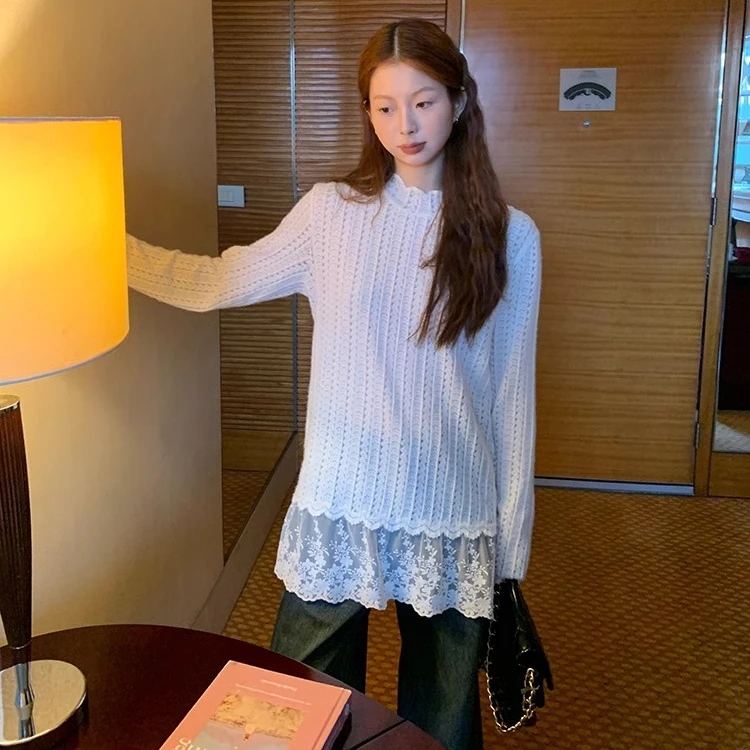 百搭白色打底衫新款秋冬高级感复古小众长袖T恤蕾丝衫内搭上衣女