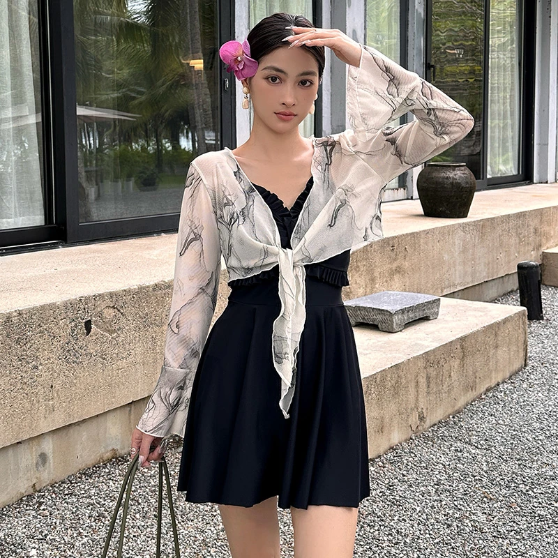 泳衣大码遮肉显瘦高级感裙式连体长袖泳衣胖MM微胖女孩温泉游泳衣