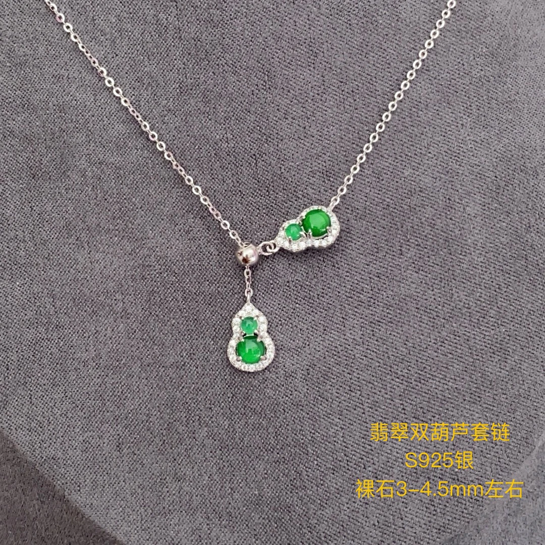 翡翠满绿冰种新中式蛋面双葫芦锁骨链吊坠S925银坠链百搭绿色时尚