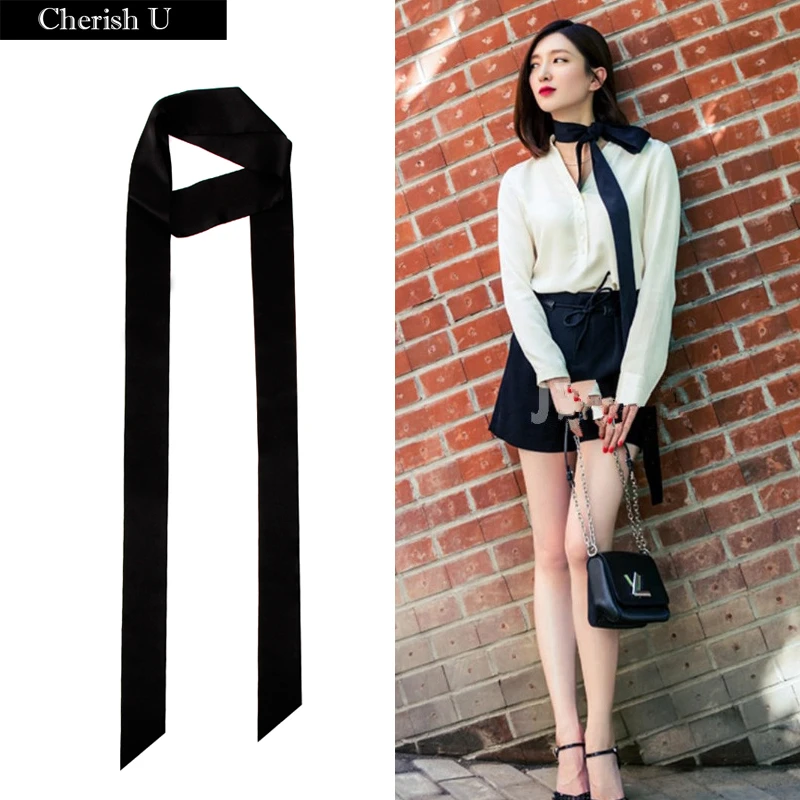 纯色细长条窄丝巾女百搭装饰小领巾长款黑色腰带发带绑包丝带飘带