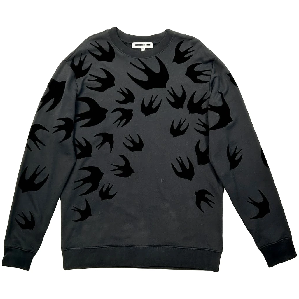 99新 Alexander McQueen/亚历山大·麦昆 黑植绒飞燕圆领卫衣黑色