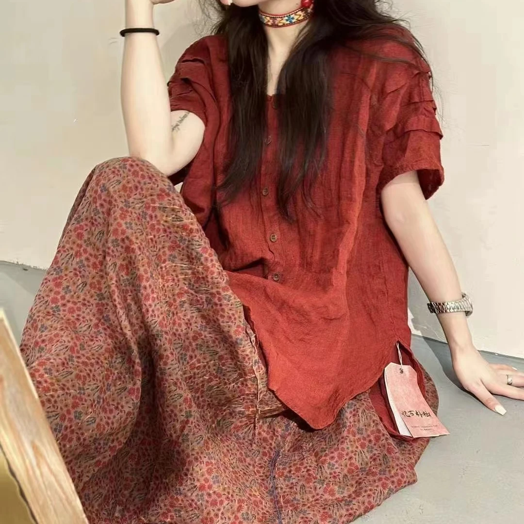 忆古朴拙色织亚麻打褶皱袖大版休闲衬衣