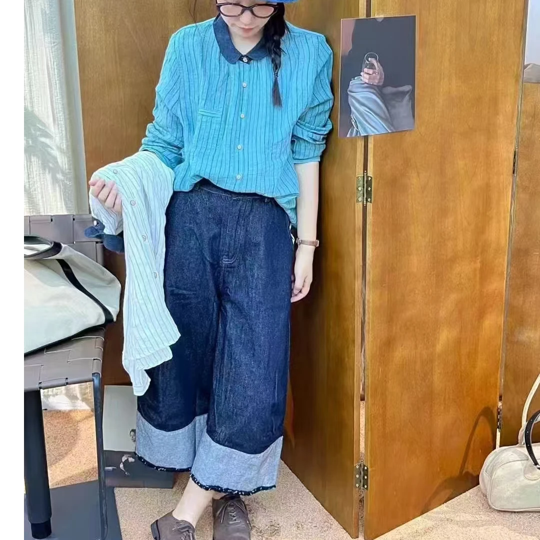 日系原单亚麻小翻领竖条纹衬衣