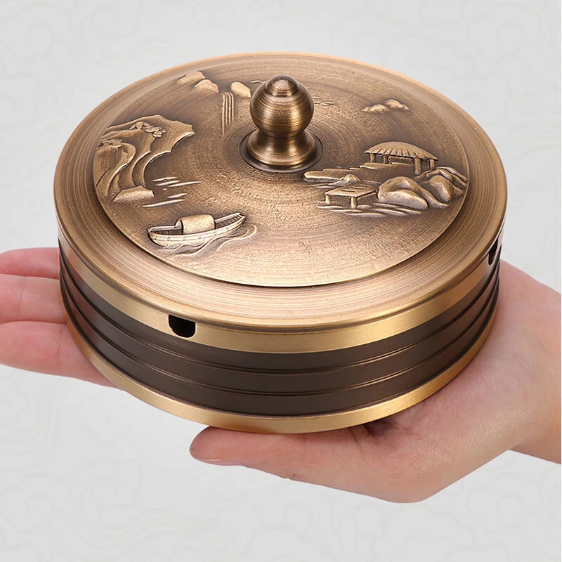 【烟灰缸】纯黄铜烟灰缸创意个性潮流家用客厅办公室新中式带盖烟缸