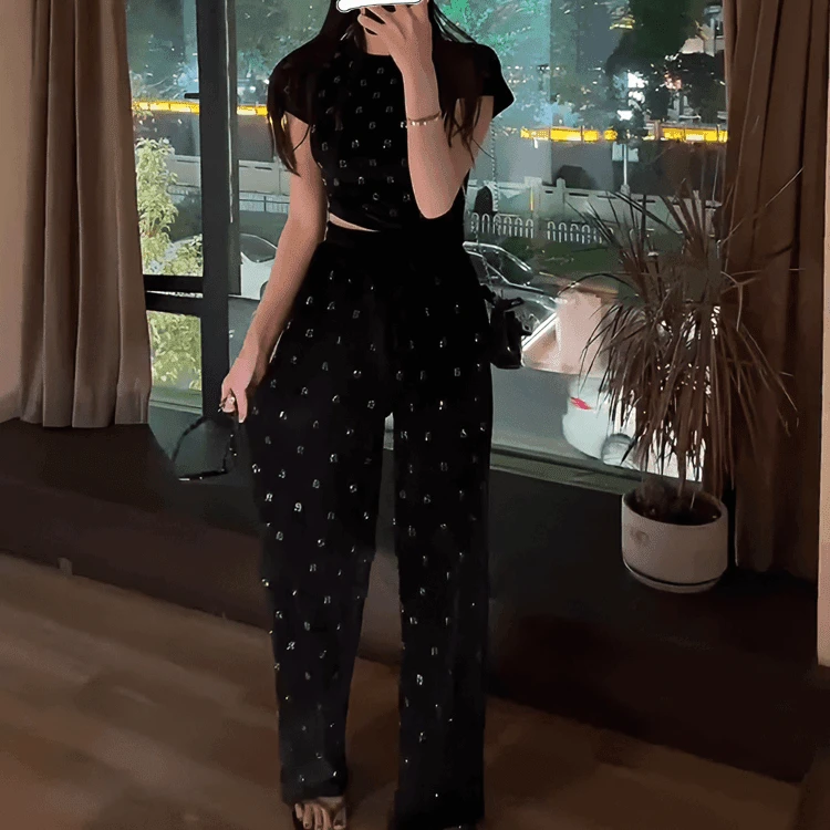 欧货重工烫钻高腰喇叭裤两件套春夏丝绒两件套女韩版时尚短袖上衣