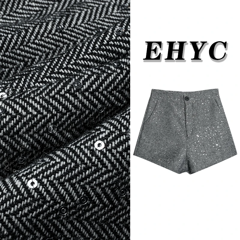 小香风亮片闪闪人字纹裤子高腰重工显瘦西装短裤W1415