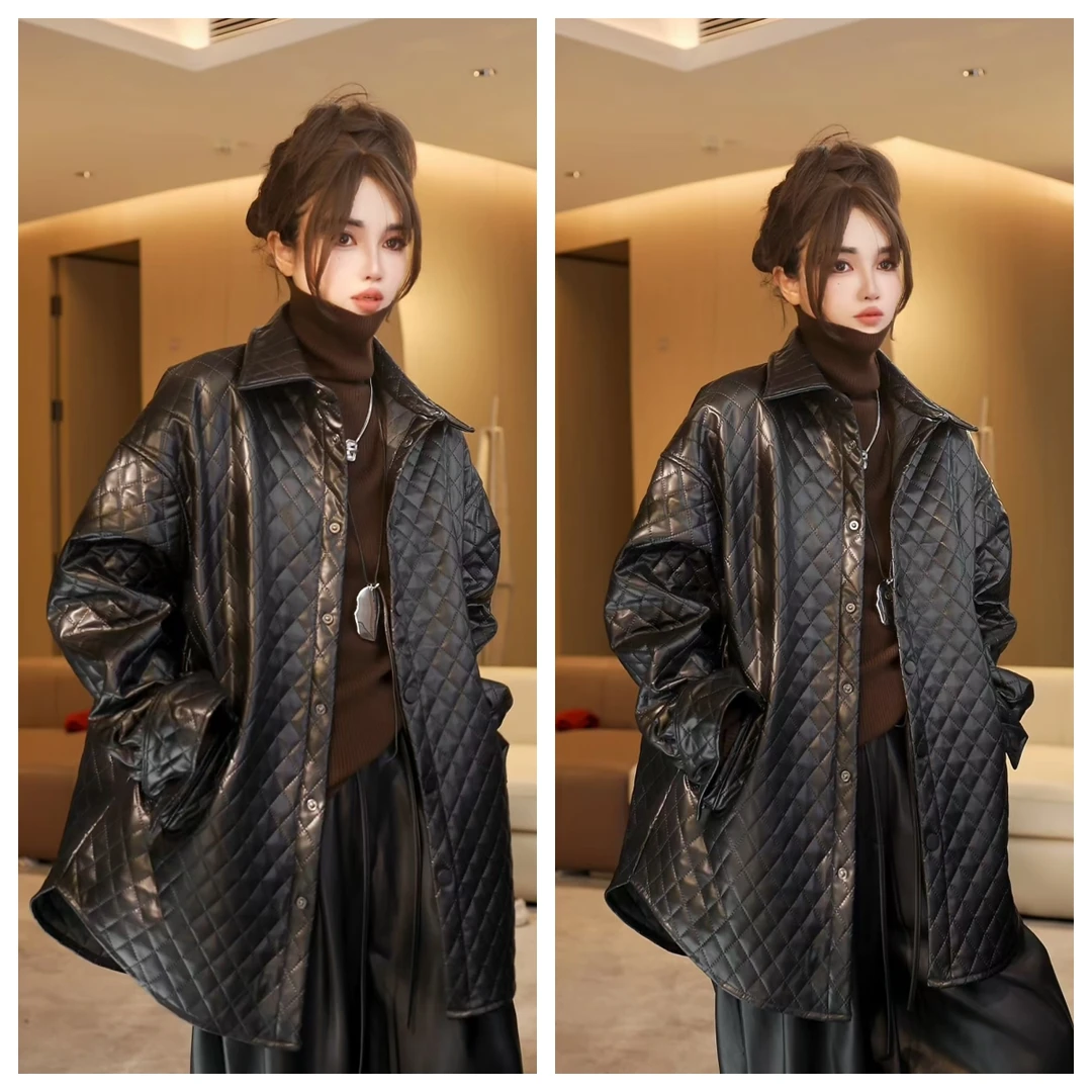 【澜】韩版时尚百搭菱形格皮衣网红时尚百搭中长款皮外套W3324