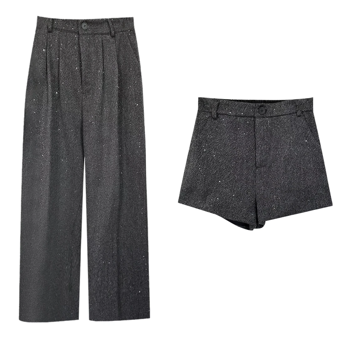 【澜】秋冬季韩版设计感松紧腰系带灰色弯刀休闲西装长裤女W2392