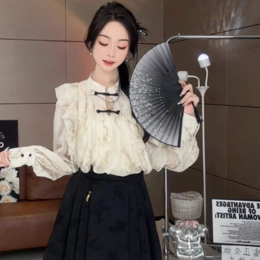 【一姐私服】墨韵●RX0126气质时尚女早春盘扣水墨印花长袖衬衫