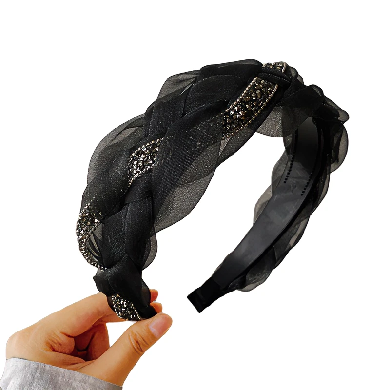 韩版宽边编织欧根纱麻花发箍水钻条拼接头箍气质网红发卡百搭发饰