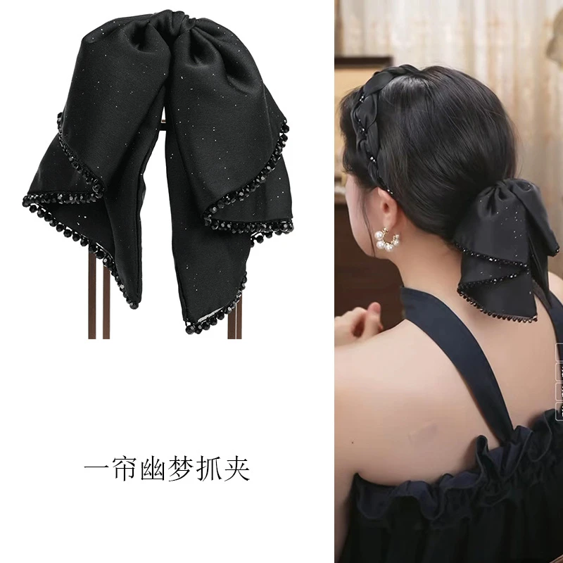 双层蝴蝶结显发量飘带懒人抓夹法式高级感复古半扎发夹发饰品头饰