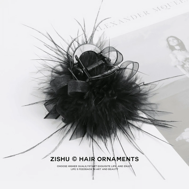 明星同款黑色织梦羽毛发夹韩版高级感鲨鱼夹气质时尚百搭抓夹发饰