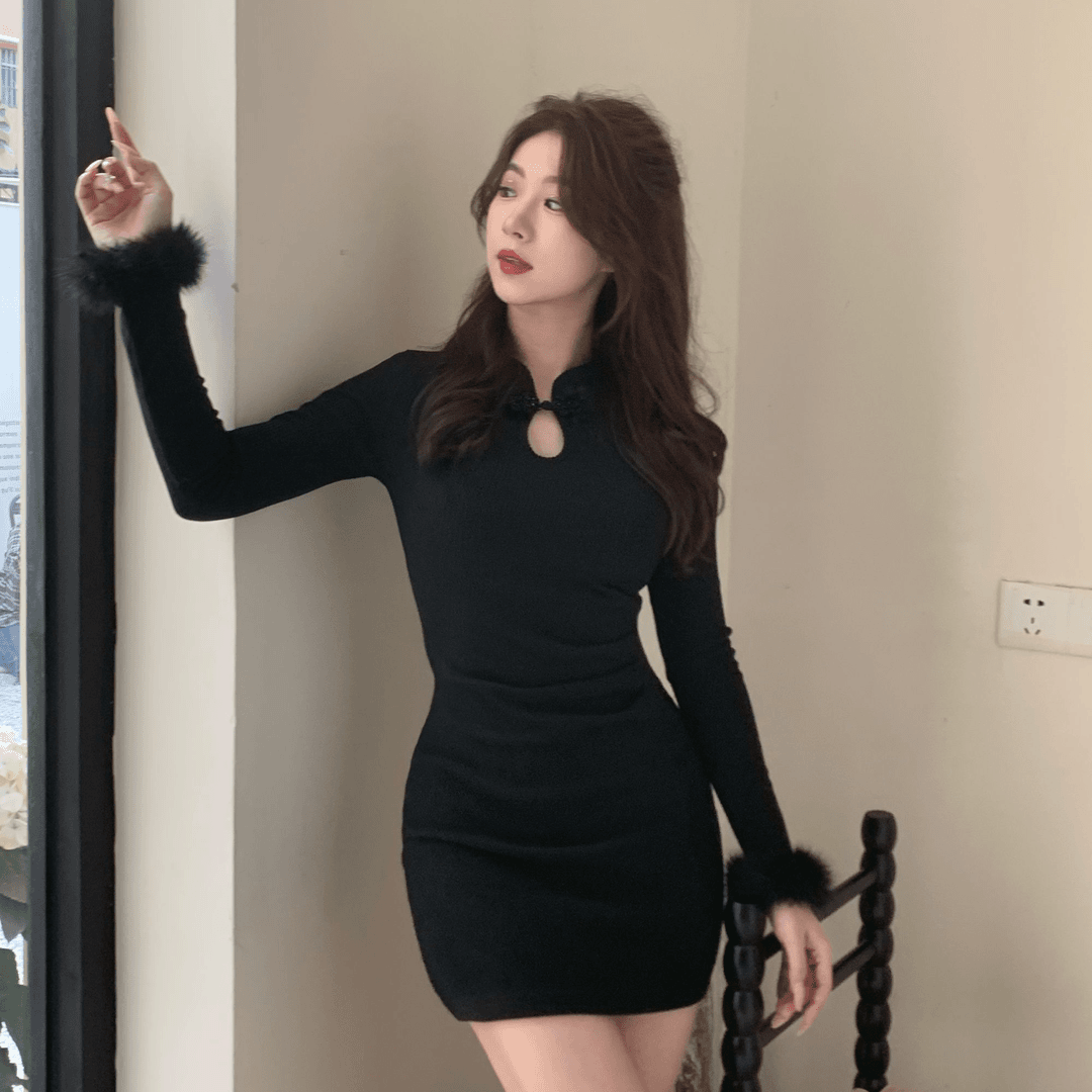 Helo熙熙新中式盘口修身显瘦收腰毛毛气质辣妹新年长袖短款连衣裙