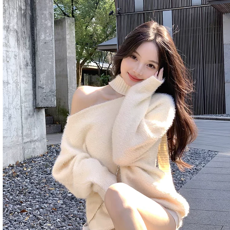 Hello熙熙【圣诞椰椰】仿水貂毛纯欲显瘦挂脖露肩毛绒毛衣斜肩女666