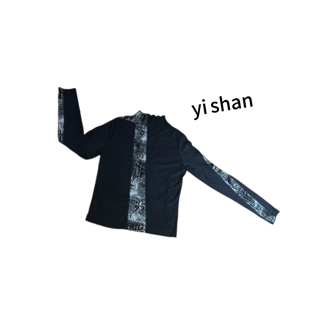 荷叶领拼接黑杏两色印花打底衫气质长袖轻奢时尚设计师秋冬