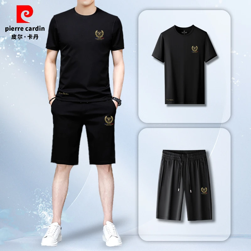 皮尔卡丹休闲套装男士潮流短袖夏季帅气百搭中青年冰丝短裤两件套