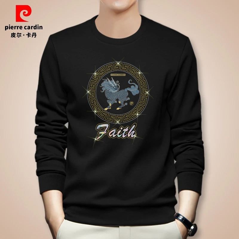 皮尔卡丹卫衣男修身潮流百搭秋冬无帽上衣印花圆领休闲长袖打底衫