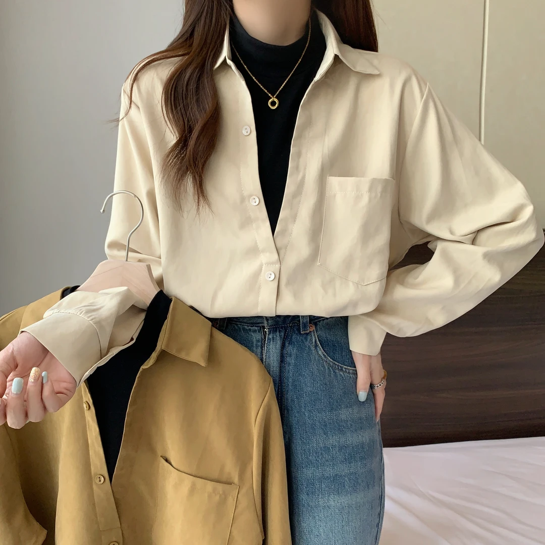 春秋新款女装胖mm秋冬设计感纯色假两件衬衫宽松显瘦气质百搭小众
