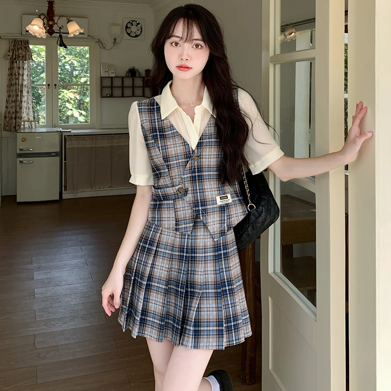 2025夏装大码新款格子百褶裙减龄套装学院风泡泡袖显瘦两件套女