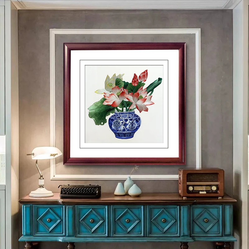 苏州刺绣画纯手工苏绣成品挂画客厅玄关餐厅装饰画青瓷荷花