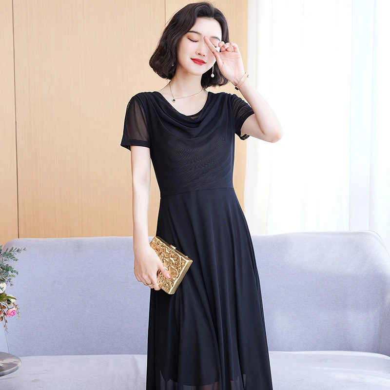夏季短袖网纱连衣裙女2023春季新款修身显瘦中长款时尚气质长裙