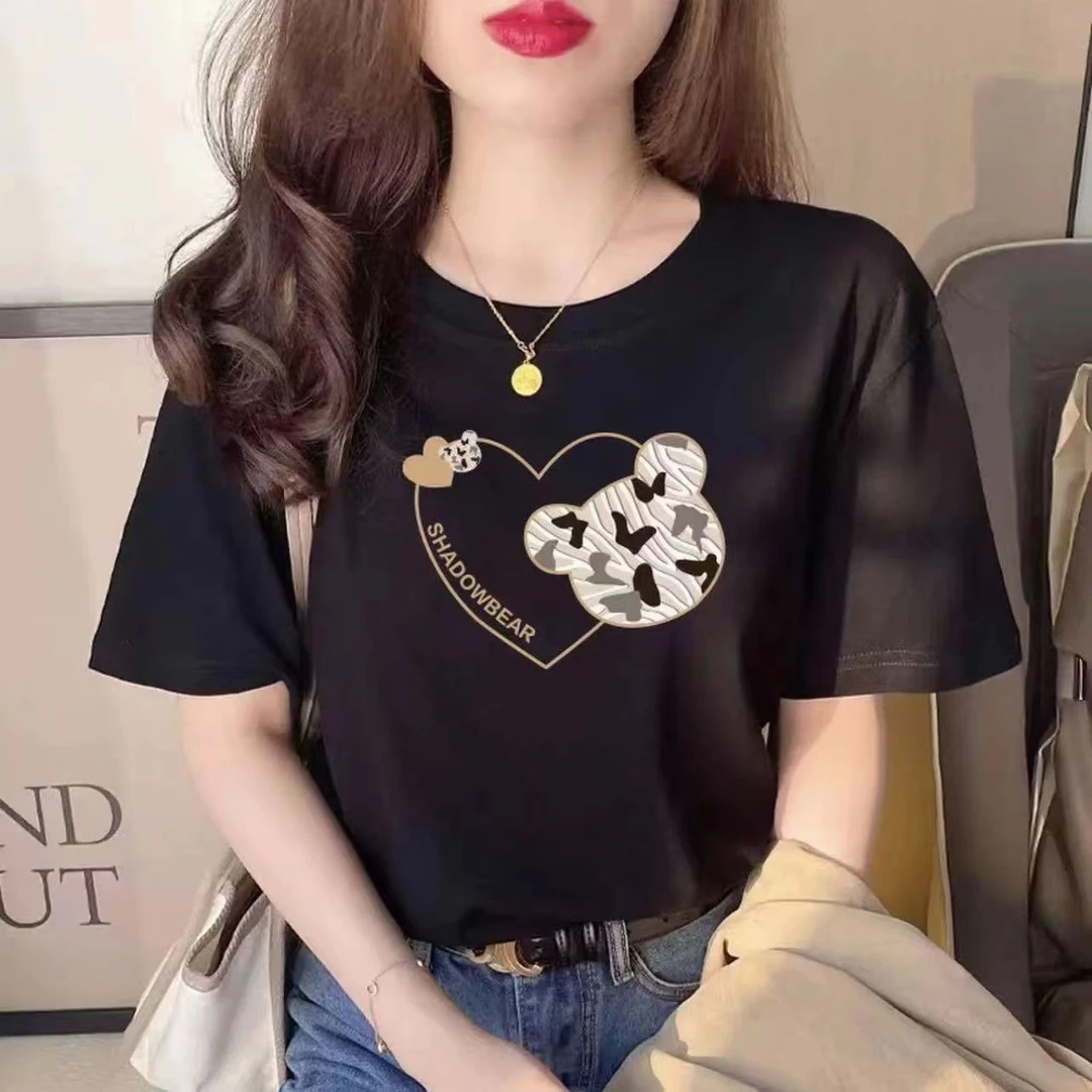 纯棉宽松t恤女装2023新款（双爱心）女士高档短袖上衣休闲百搭t恤