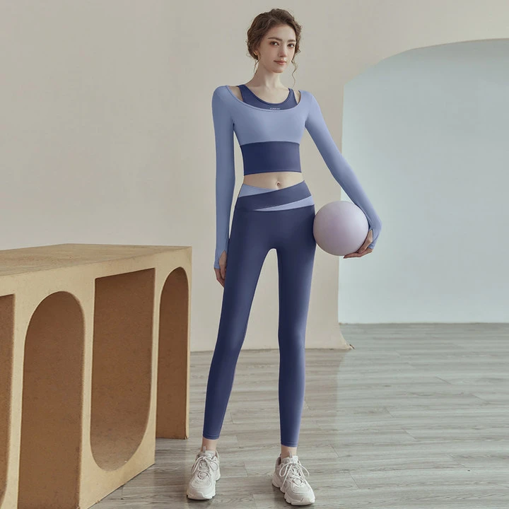瑜伽服套装女2025春季新款带胸垫速干上衣透气跑步运动长袖健身服