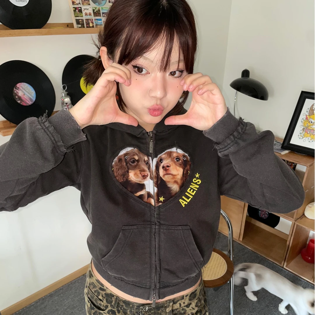 local aliens外星沙龙美式复古爱心拼接腊肠狗卫衣水洗做旧短外套
