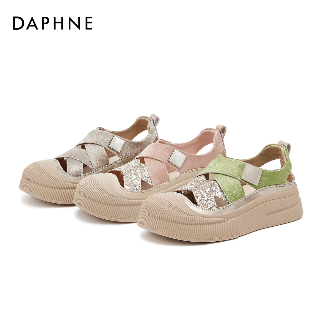 达芙妮25时尚凉鞋休闲百搭夏季复古编织镂空厚底小众轻奢透气板鞋