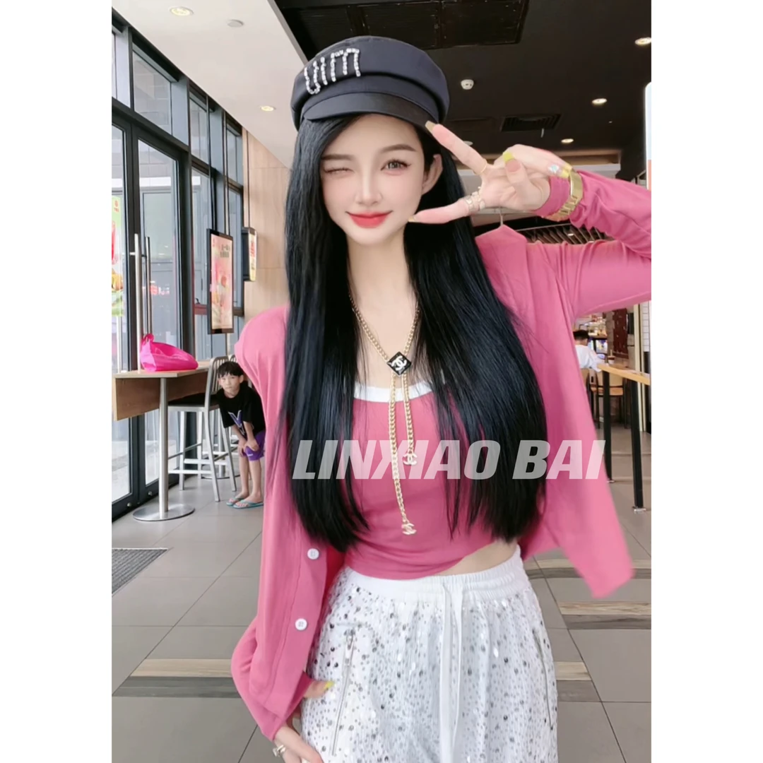 LIN小白【初熟甜桃】设计感小众休闲减龄撞色上衣两件套2517