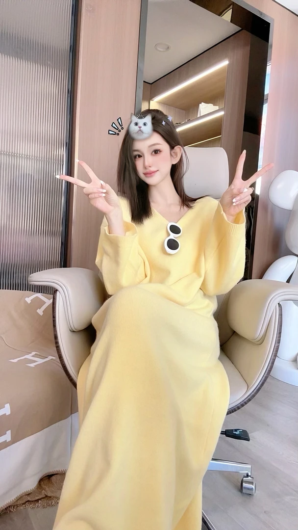 LIN小白 黄色针织连衣裙慵懒风法式长裙50052